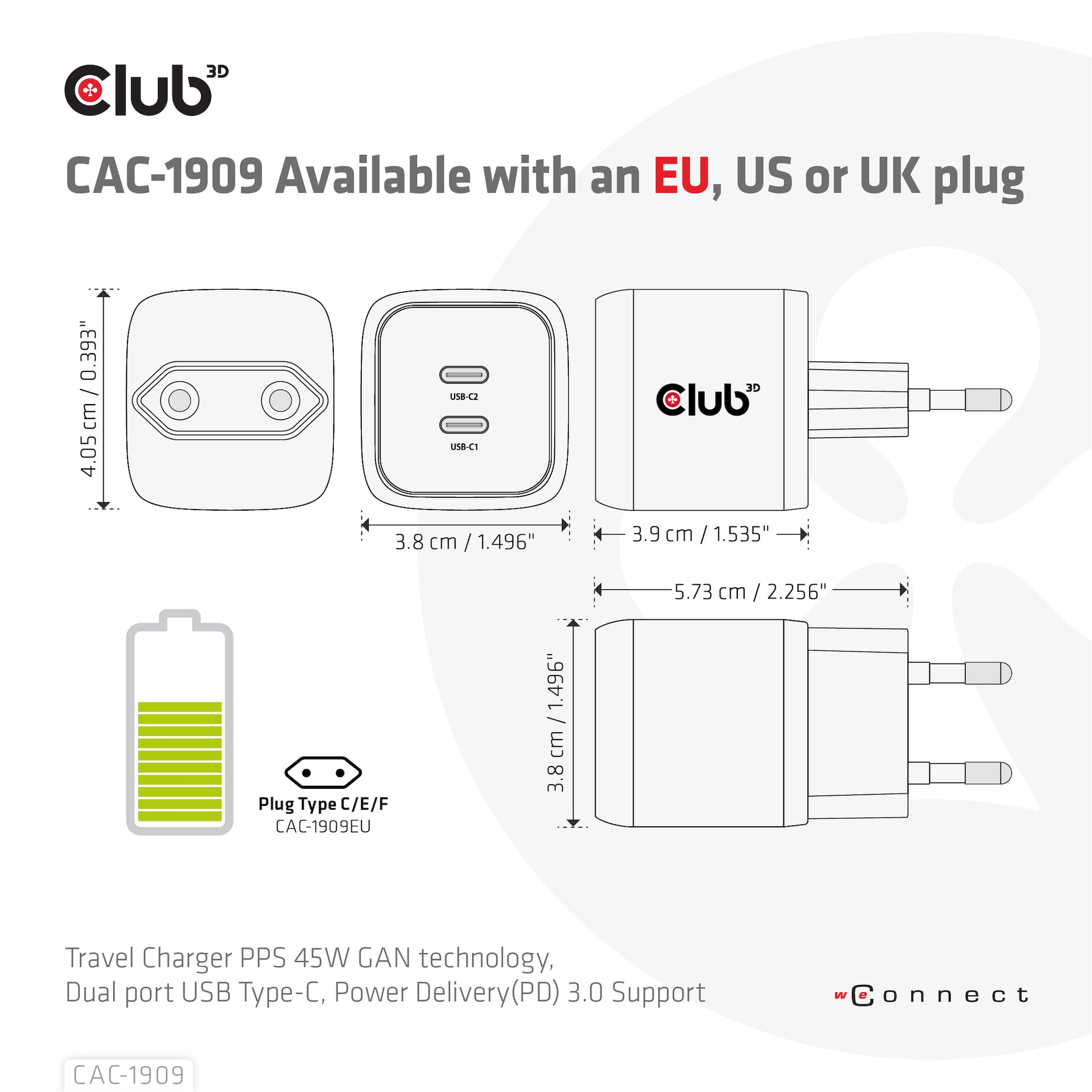CLUB3D Club 3D USB-Ladegerät 100 W – USB-C×2 – PD, PPS, GaN