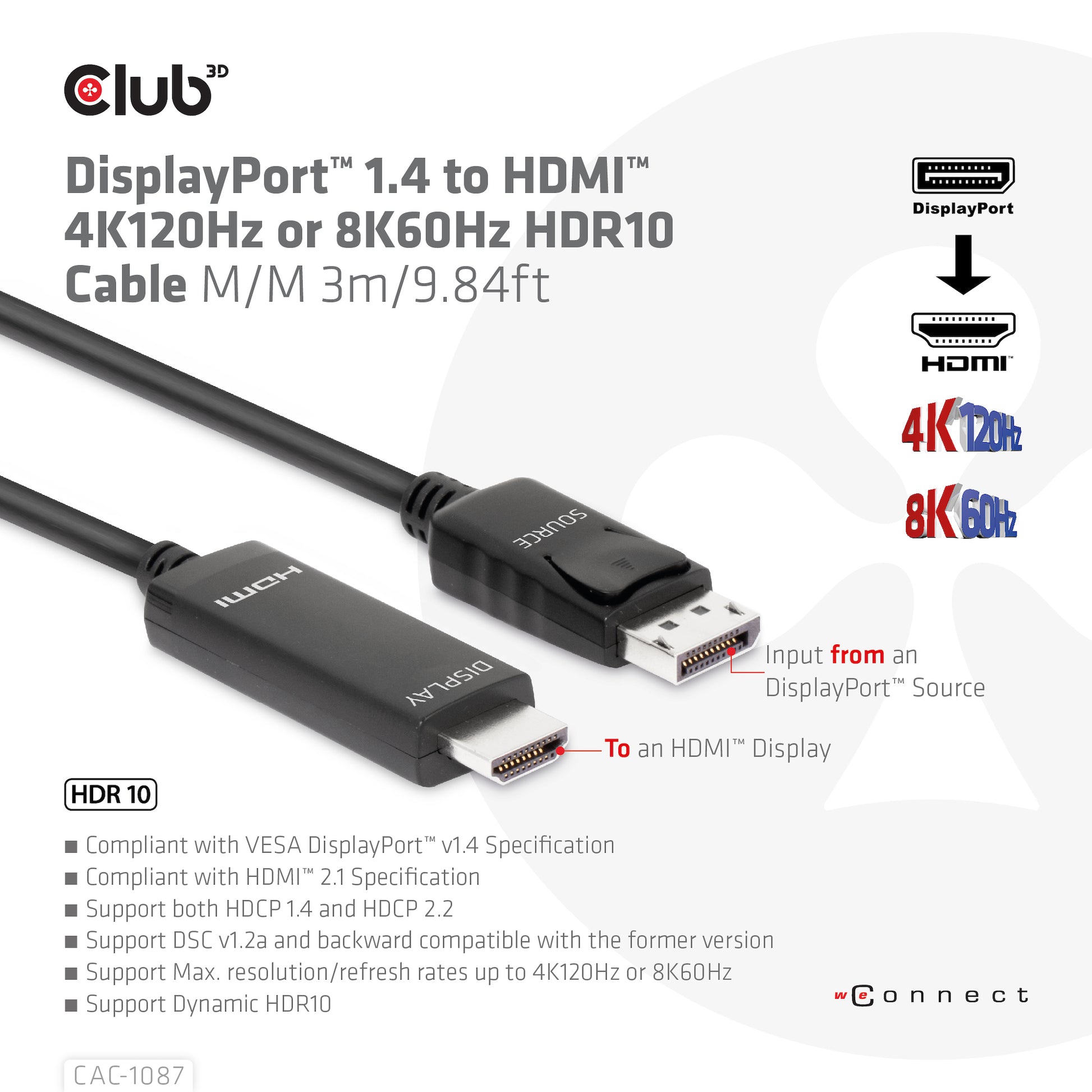 CLUB3D DisplayPort auf HDMI Kabel DP 1.4 8K 60 Hz – 3 m – HDR – für Windows, Mac