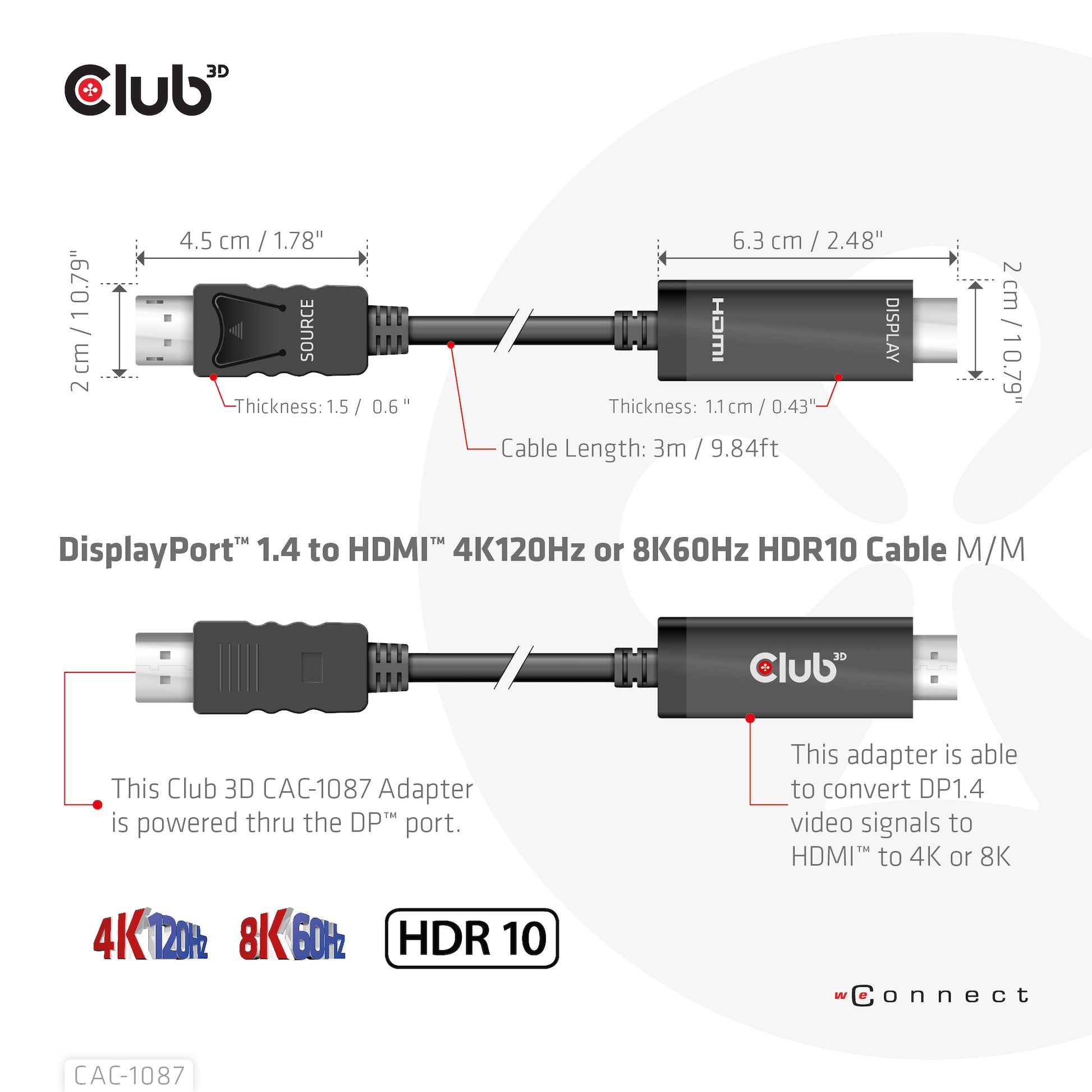 CLUB3D DisplayPort auf HDMI Kabel DP 1.4 8K 60 Hz – 3 m – HDR – für Windows, Mac