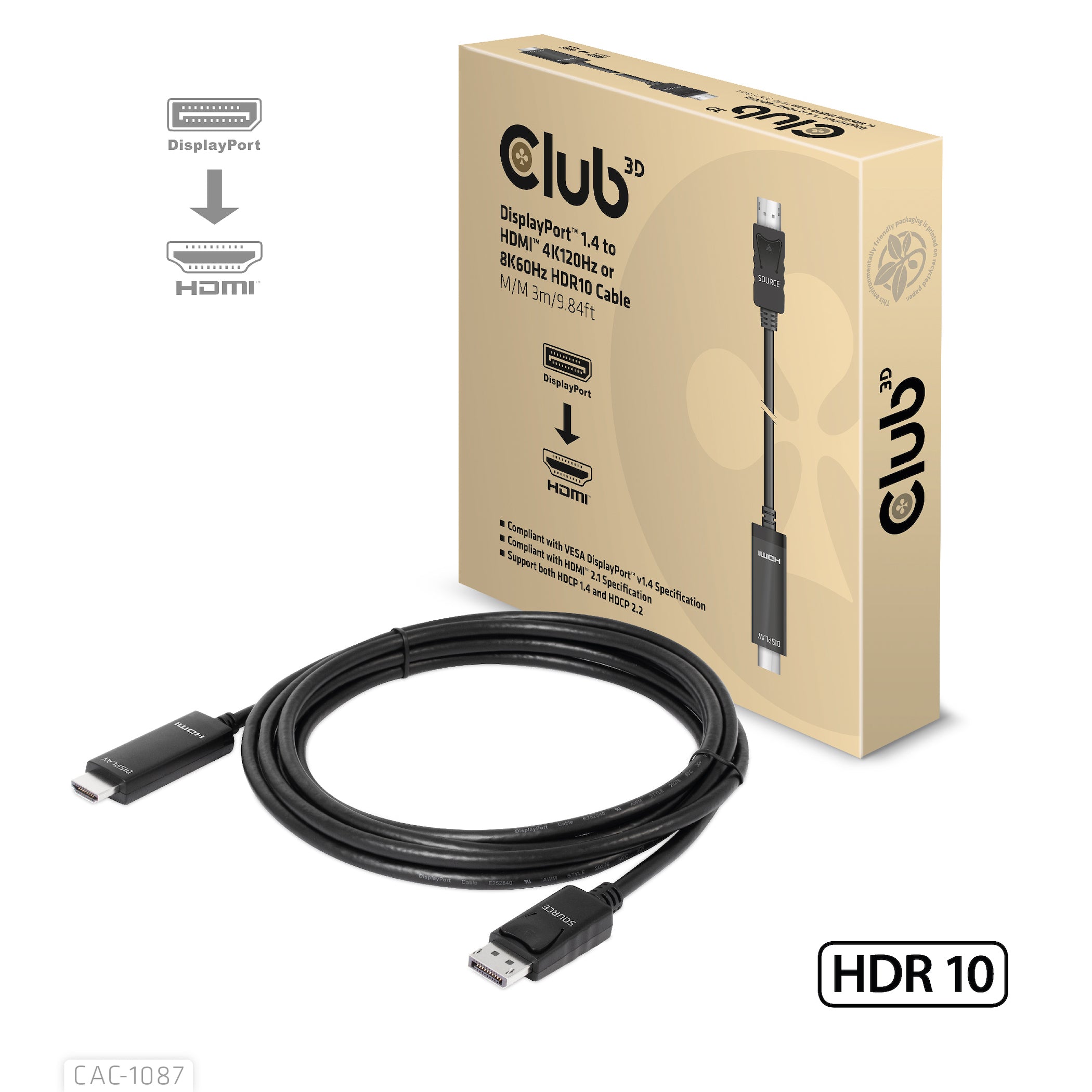 CLUB3D DisplayPort auf HDMI Kabel DP 1.4 8K 60 Hz – 3 m – HDR – für Windows, Mac