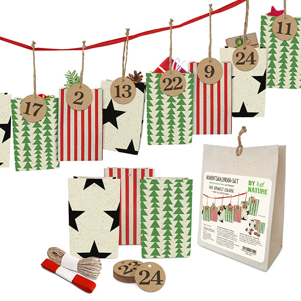 Braun + Company Adventskalender-Set Geschenktaschen, Weihnachten, Graspapier, sortiert, 9 × 14,5 × 6 cm