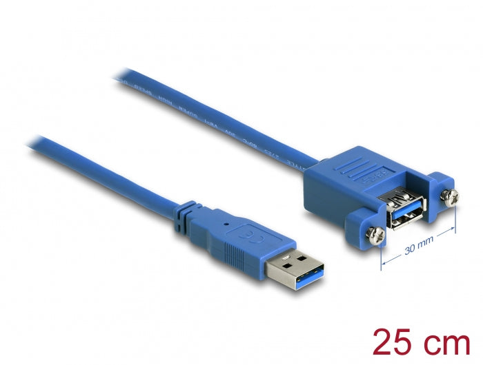 DeLOCK USB-Adapter USB-A auf USB-A – USB 3.2 Gen 1 (5 Gbit/s) – 0,25 m – verschraubbar – Blau