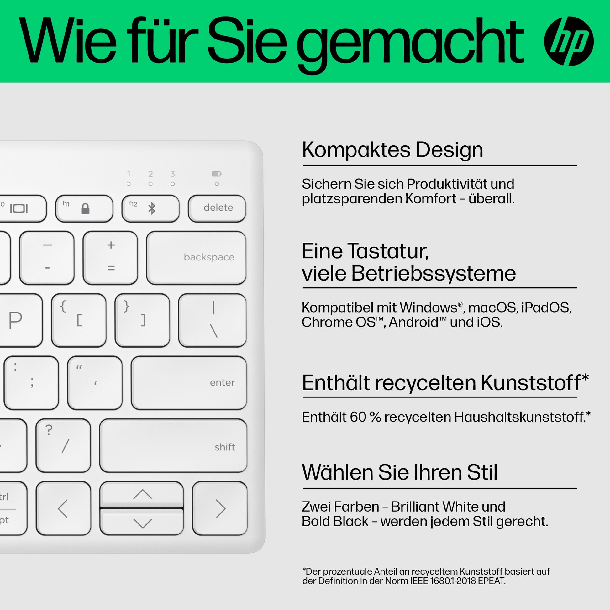 HP 350 – Tastatur, kabellos (Bluetooth), mechanisch, Multi-Device, Weiss – für Windows, macOS & iPadOS u. a.