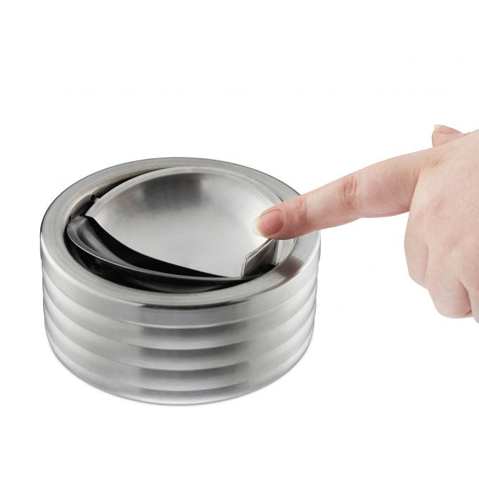 Relaxdays Aschenbecher mit Deckel – Silber – Ø 11,5 cm × 5,5 cm – Edelstahl – 1 Stk