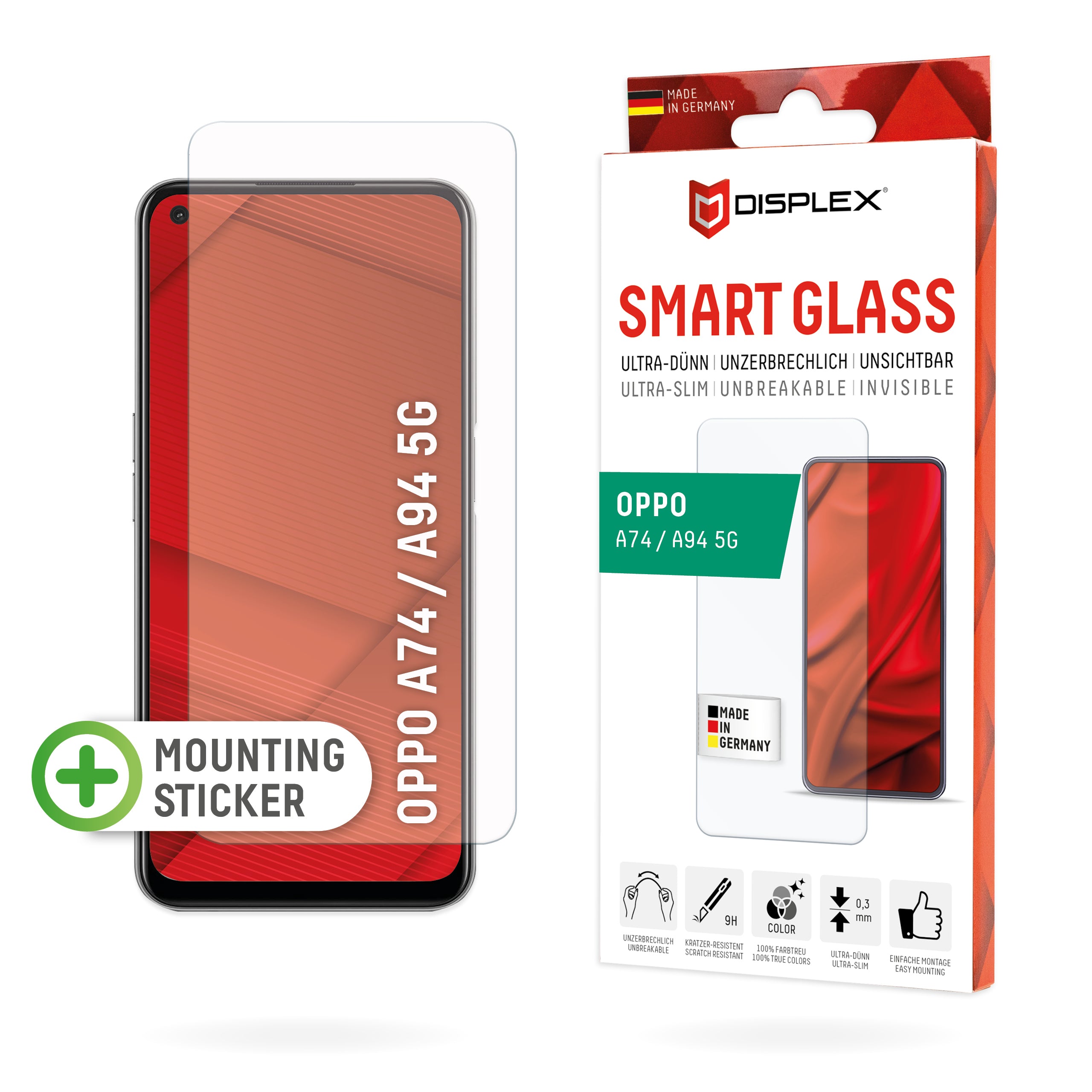 Displex Displayschutz (Panzerglas), 9H – für Oppo A74 4G/A94 4G