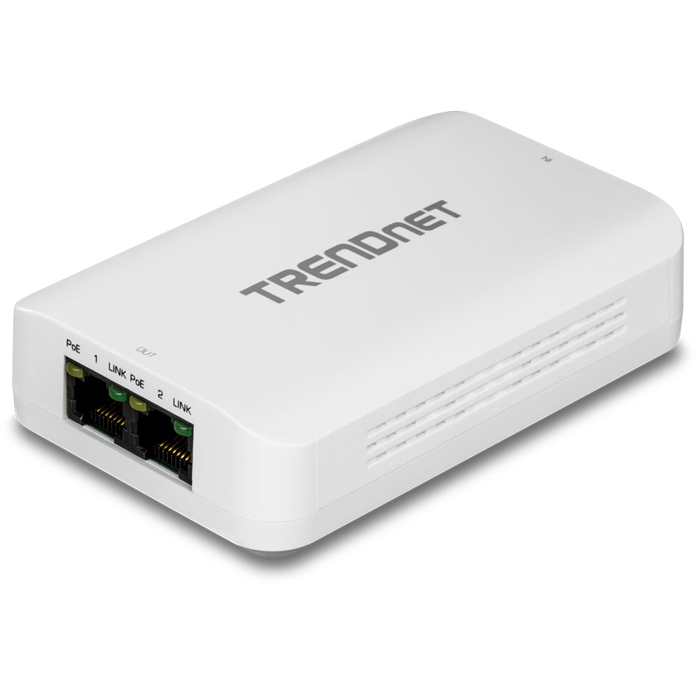 TRENDnet TPE-BE200 PoE-Extender – Gigabit, bis 200 m, 2× PoE+ (30 W) aus 1× PoE++ (60 W), 3× RJ-45 – Weiss