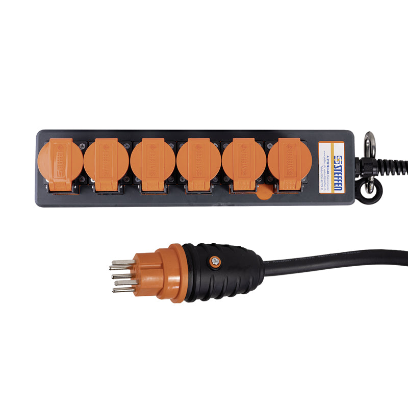 Steffen IP55 Professional Steckdosenleiste, 6×T15, 5 m, IP55, Eingang T15, Klappdeckel – Schwarz