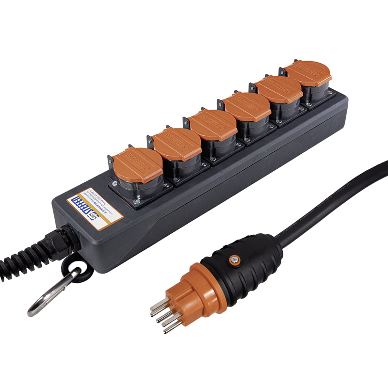 Steffen IP55 Professional Steckdosenleiste, 6×T15, 5 m, IP55, Eingang T15, Klappdeckel – Schwarz