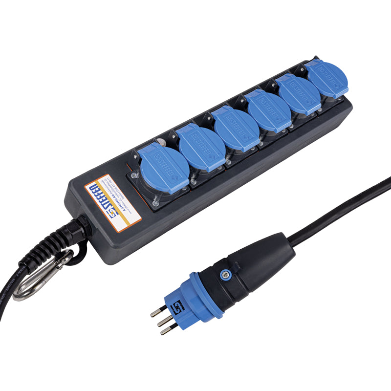 Steffen IP55 Professional Steckdosenleiste, 6×T13, ohne Schalter, 5 m, Eingang T12 – schwarz/blau
