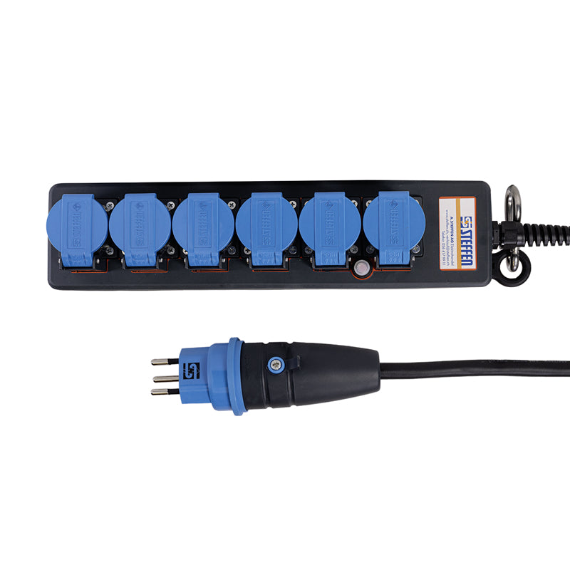 Steffen IP55 Professional Steckdosenleiste, 6×T13, ohne Schalter, 5 m, Eingang T12 – schwarz/blau