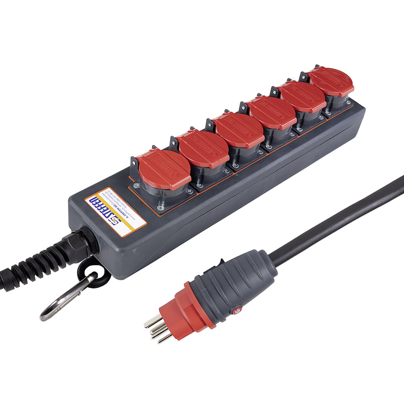 Steffen IP55 Professional Steckdosenleiste, 6×T25, 5 m, Klappdeckel, Eingang T25, IP55 – Rot