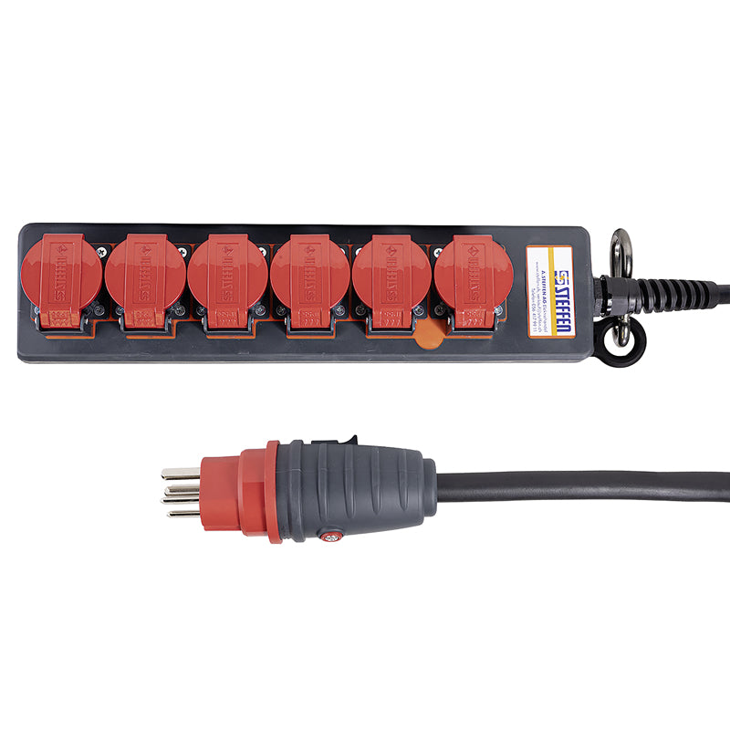Steffen IP55 Professional Steckdosenleiste, 6×T25, 5 m, Klappdeckel, Eingang T25, IP55 – Rot