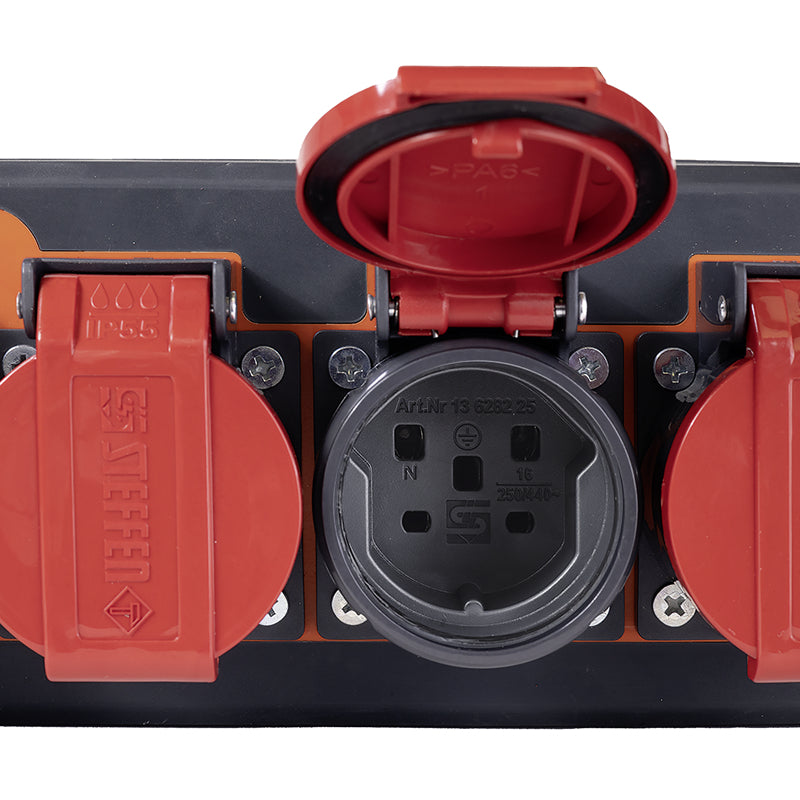 Steffen IP55 Professional Steckdosenleiste, 6×T25, 5 m, Klappdeckel, Eingang T25, IP55 – Rot