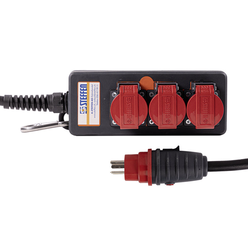 Steffen IP55 Professional Steckdosenleiste, 3×T25, 3 m, Klappdeckel – Rot