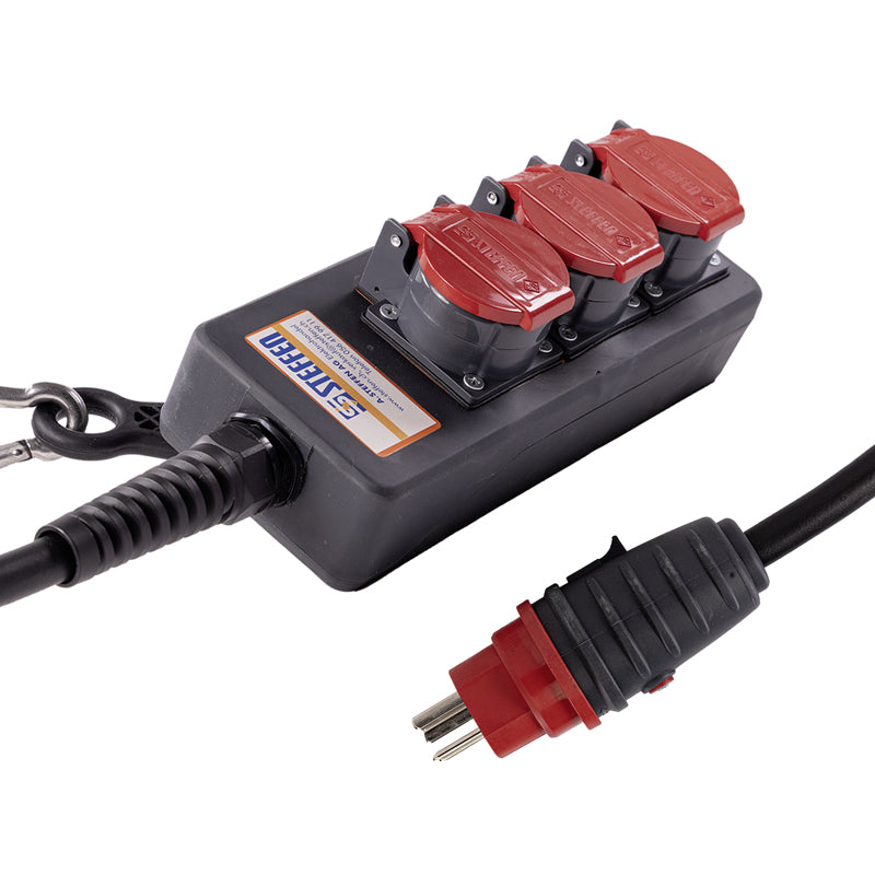 Steffen IP55 Professional Steckdosenleiste, 3×T25, 3 m, Klappdeckel – Rot