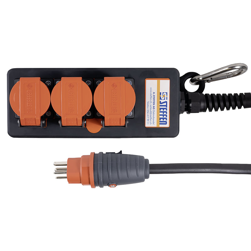 Steffen IP55 Professional Steckdosenleiste – 3×T15, ohne Schalter, 3 m, Klappdeckel, IP55 – schwarz
