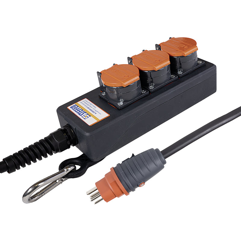 Steffen IP55 Professional Steckdosenleiste – 3×T15, ohne Schalter, 3 m, Klappdeckel, IP55 – schwarz