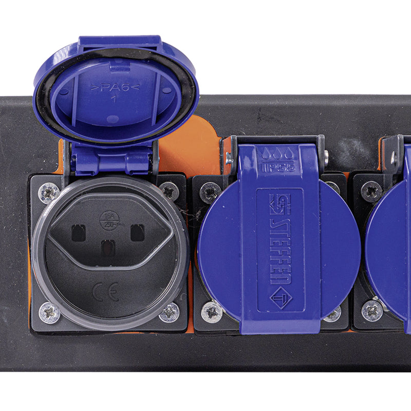 Steffen IP55 Professional Steckdosenleiste, 3×T23, ohne Schalter, 3 m, Klappdeckel – Anthrazit/Blau