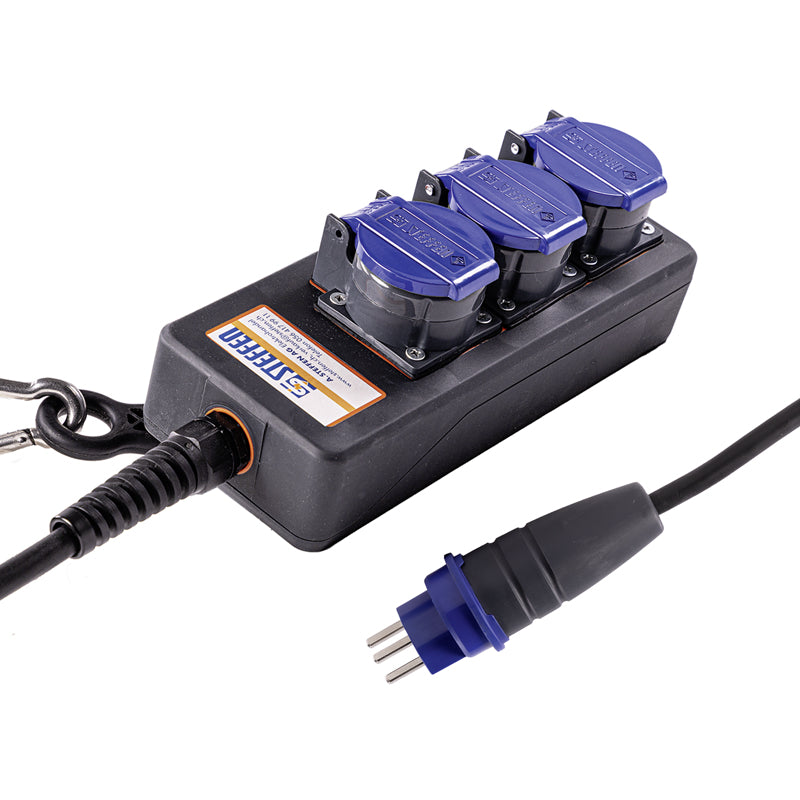 Steffen IP55 Professional Steckdosenleiste, 3×T23, ohne Schalter, 3 m, Klappdeckel – Anthrazit/Blau