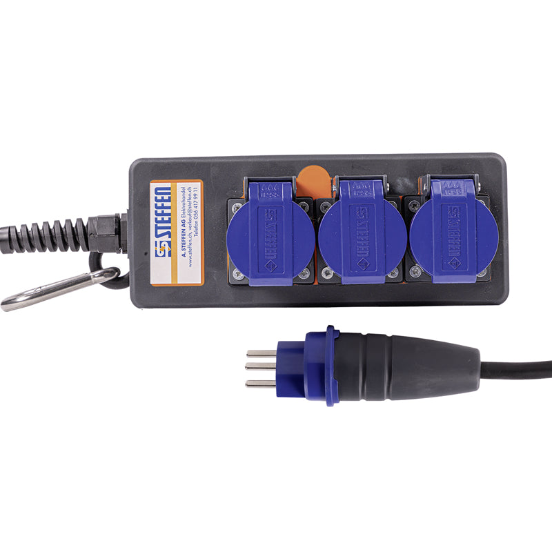 Steffen IP55 Professional Steckdosenleiste, 3×T23, ohne Schalter, 3 m, Klappdeckel – Anthrazit/Blau
