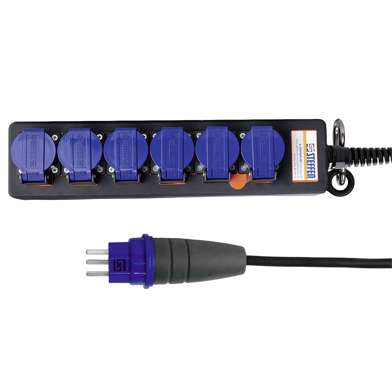Steffen IP55 Professional Steckdosenleiste, 6×T23, 5 m, Eingang T23, Klappdeckel – Schwarz/Blau