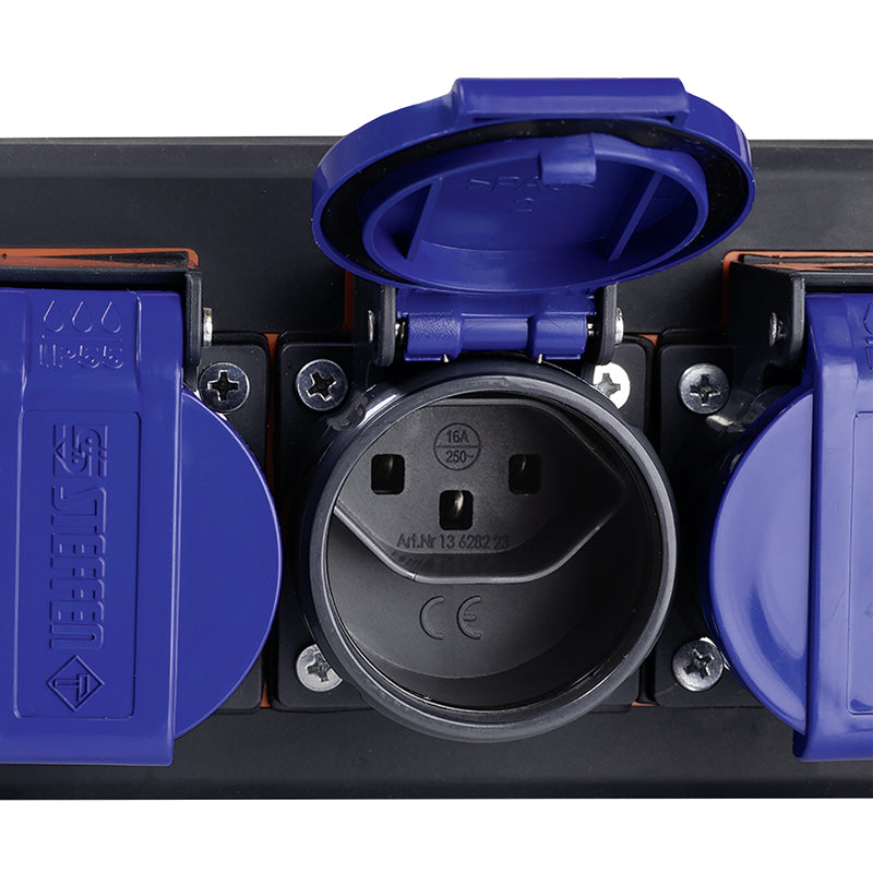 Steffen IP55 Professional Steckdosenleiste, 6×T23, 5 m, Eingang T23, Klappdeckel – Schwarz/Blau
