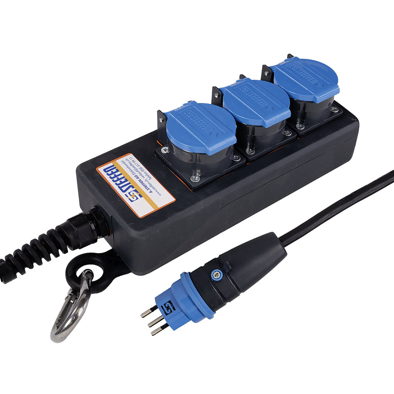 Steffen IP55 Professional Steckdosenleiste, 3×T13, ohne Schalter, 3 m, Eingang T12, IP55 – schwarz/blau