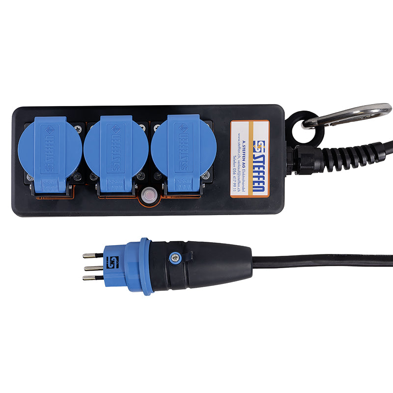 Steffen IP55 Professional Steckdosenleiste, 3×T13, ohne Schalter, 3 m, Eingang T12, IP55 – schwarz/blau