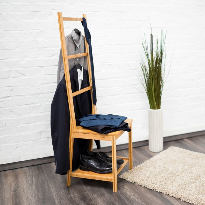 Relaxdays Garderobenständer – 3 Stangen, mit 2 Ablagen, Bambus, Natur, 40 × 42 × 133 cm
