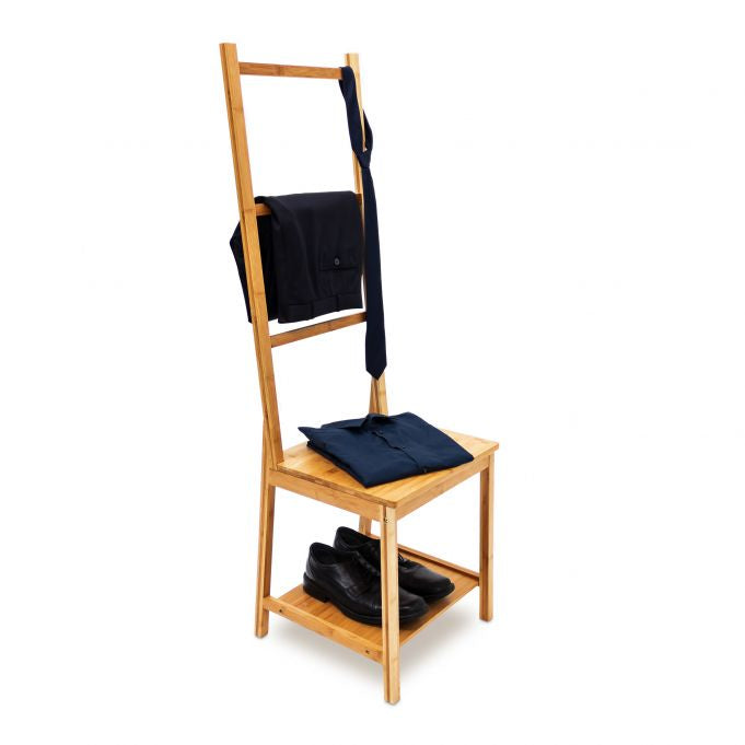 Relaxdays Garderobenständer – 3 Stangen, mit 2 Ablagen, Bambus, Natur, 40 × 42 × 133 cm