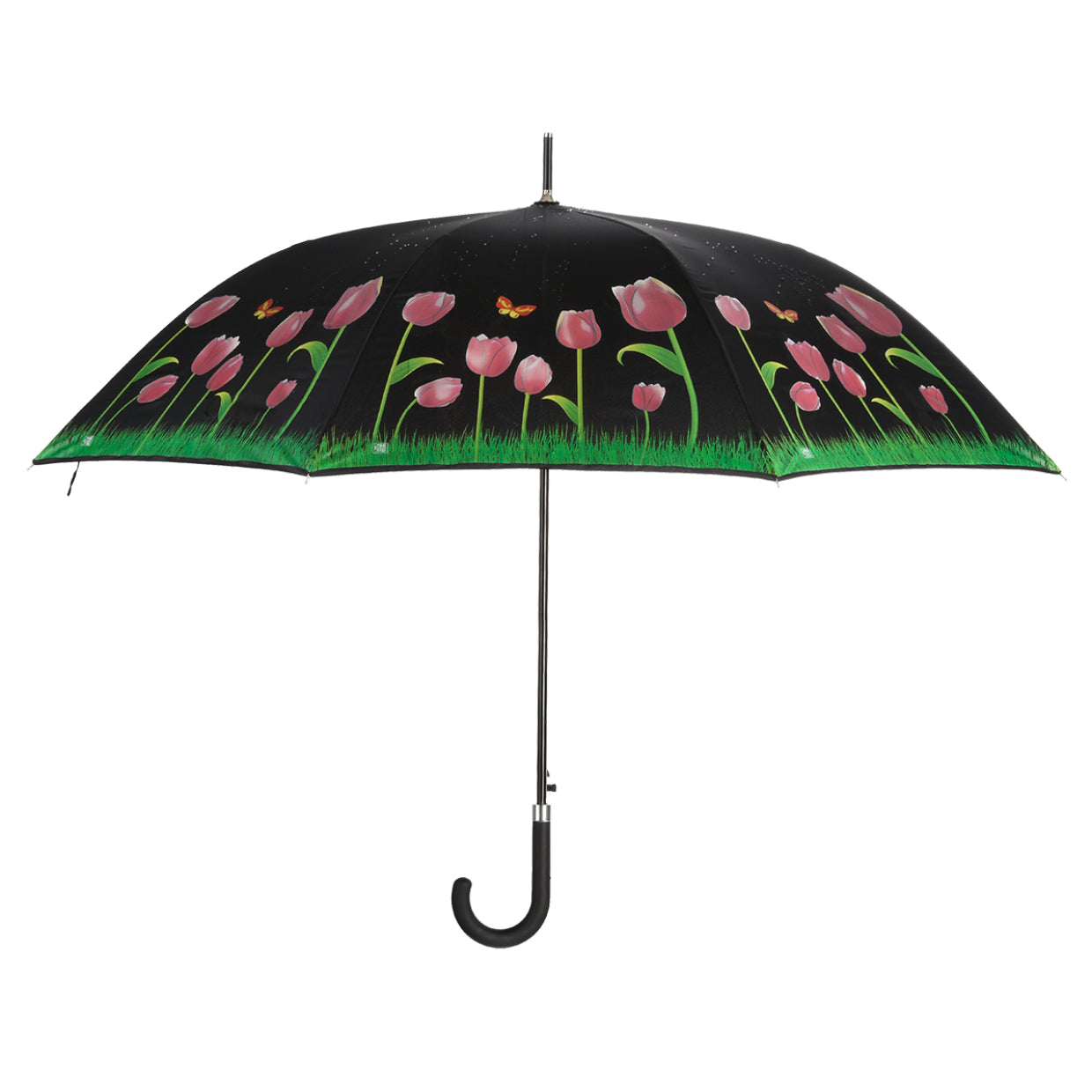 Esschert Design Stockschirm Tulpen – Auf-/Zu-Automatik, Ø 116,5 cm, L 91,2 cm – Schwarz – Farbwechsel bei Regen