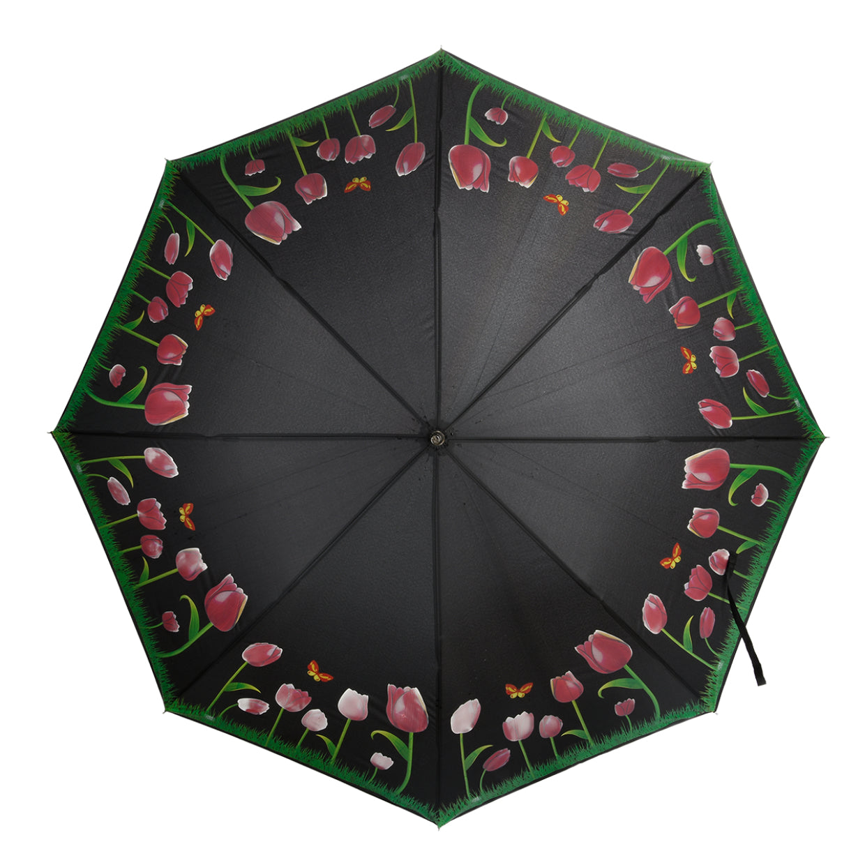 Esschert Design Stockschirm Tulpen – Auf-/Zu-Automatik, Ø 116,5 cm, L 91,2 cm – Schwarz – Farbwechsel bei Regen