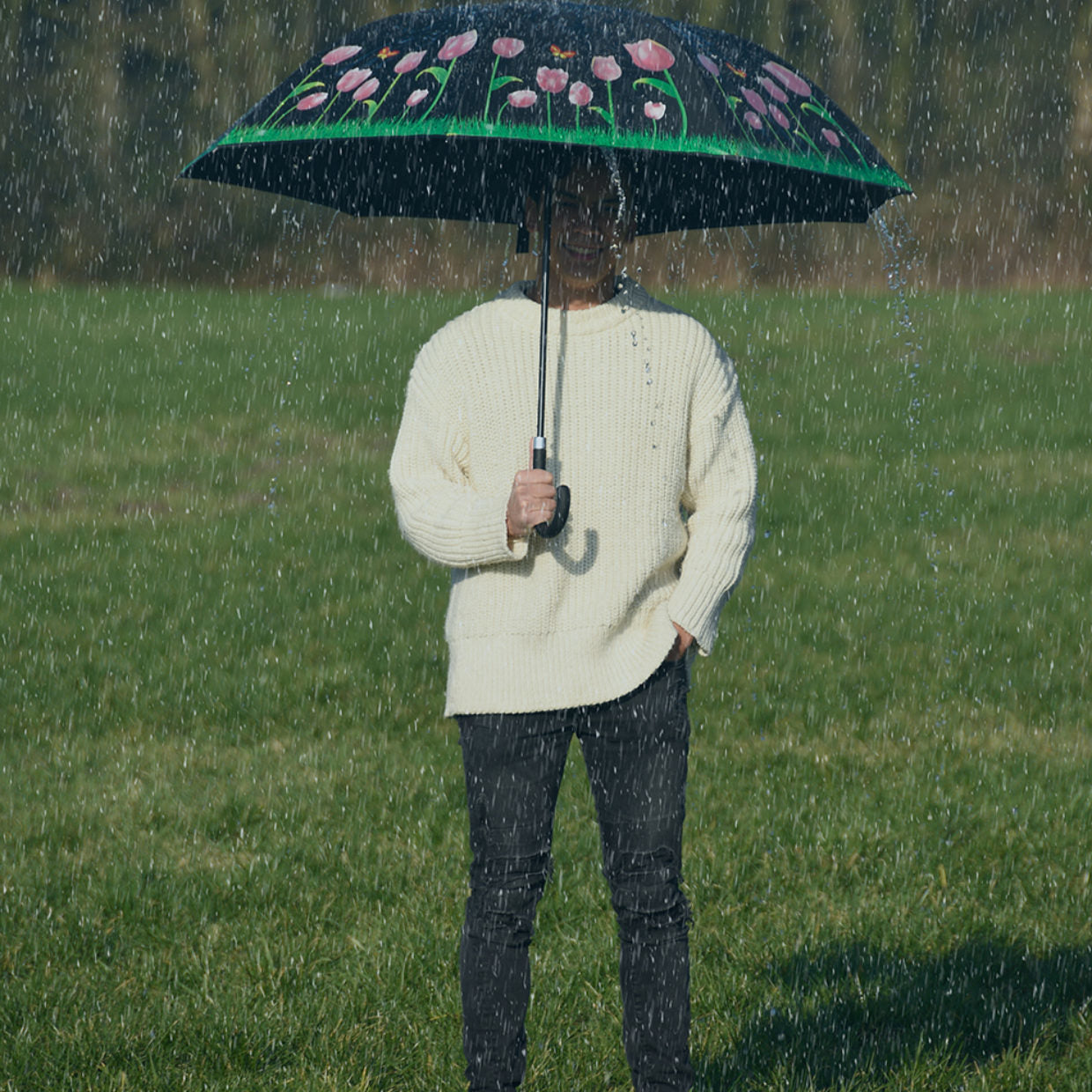 Esschert Design Stockschirm Tulpen – Auf-/Zu-Automatik, Ø 116,5 cm, L 91,2 cm – Schwarz – Farbwechsel bei Regen
