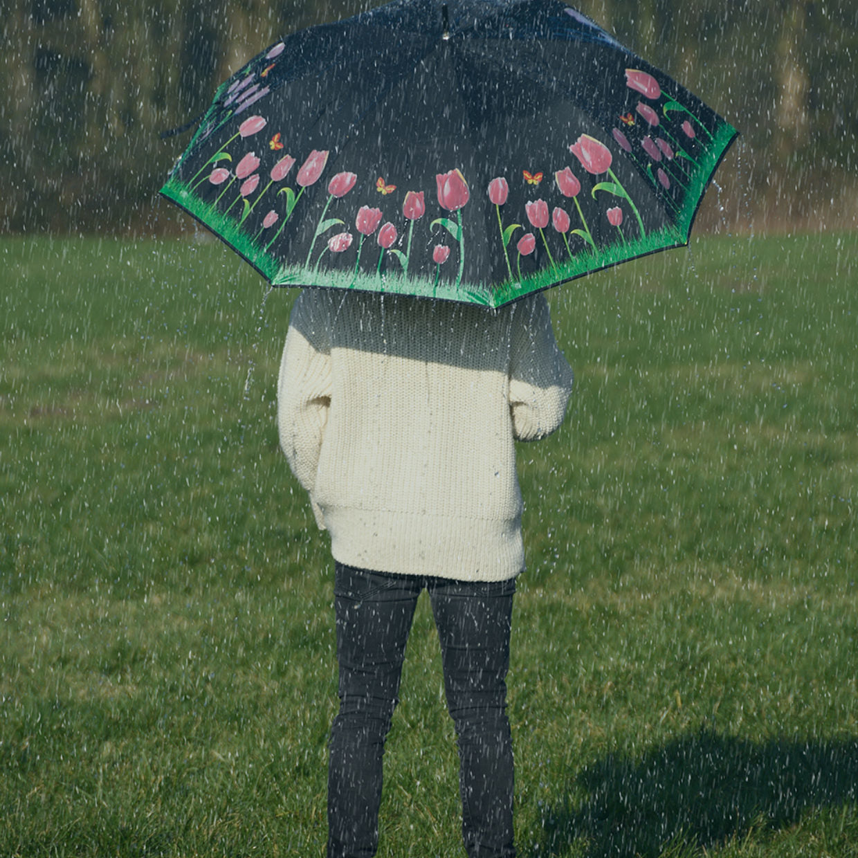 Esschert Design Stockschirm Tulpen – Auf-/Zu-Automatik, Ø 116,5 cm, L 91,2 cm – Schwarz – Farbwechsel bei Regen