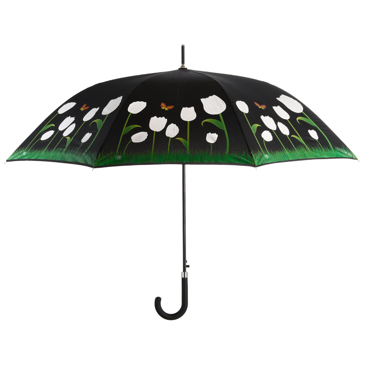 Esschert Design Stockschirm Tulpen – Auf-/Zu-Automatik, Ø 116,5 cm, L 91,2 cm – Schwarz – Farbwechsel bei Regen