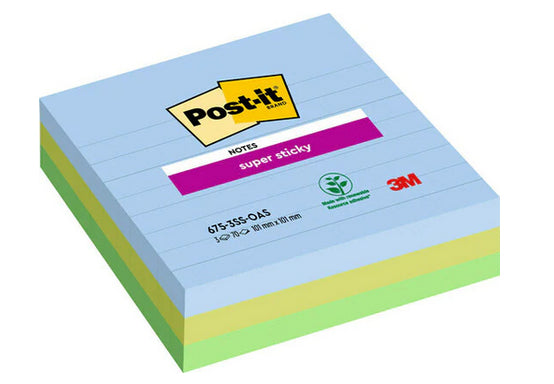 Post-it Super Sticky Haftnotizen – 101 × 101 mm – sortiert, liniert, 70 Blatt/Block, 3er-Pack, PEFC