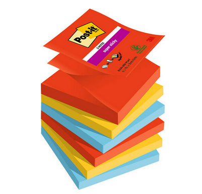 Post-it Super Sticky Haftnotizen – 76×76 mm – sortiert (ultrorot, ultragelb, paradiseblau), 6×90 Blatt