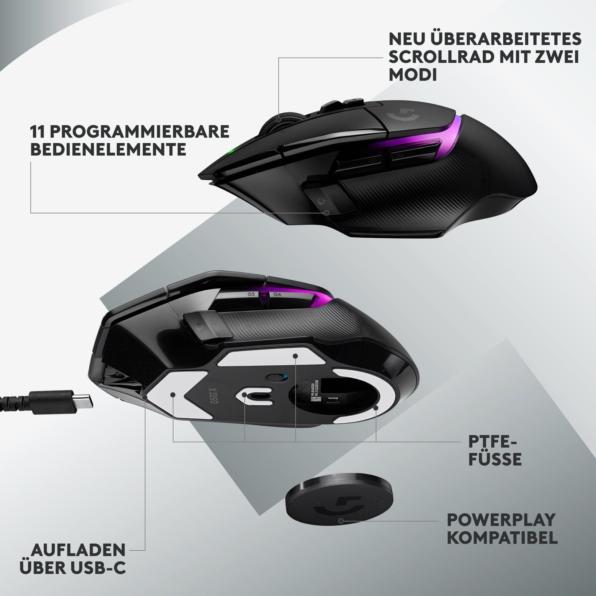 Logitech G G502 X PLUS – Gaming-Maus – Kabellos (2,4 GHz), 25600 DPI, RGB-Beleuchtung, rechts, Schwarz