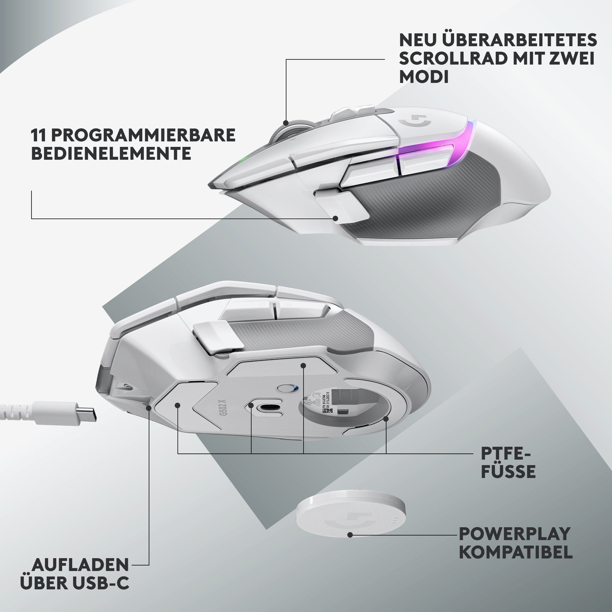 Logitech G G502 X PLUS – Gaming-Maus – Kabellos (2,4 GHz), 25600 DPI, RGB-Beleuchtung, rechts, Weiss