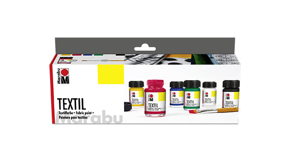 Marabu Stoffmalfarbe – Set – 6 Farben, 6 × 15 ml, inkl. Pinsel, für Textilien