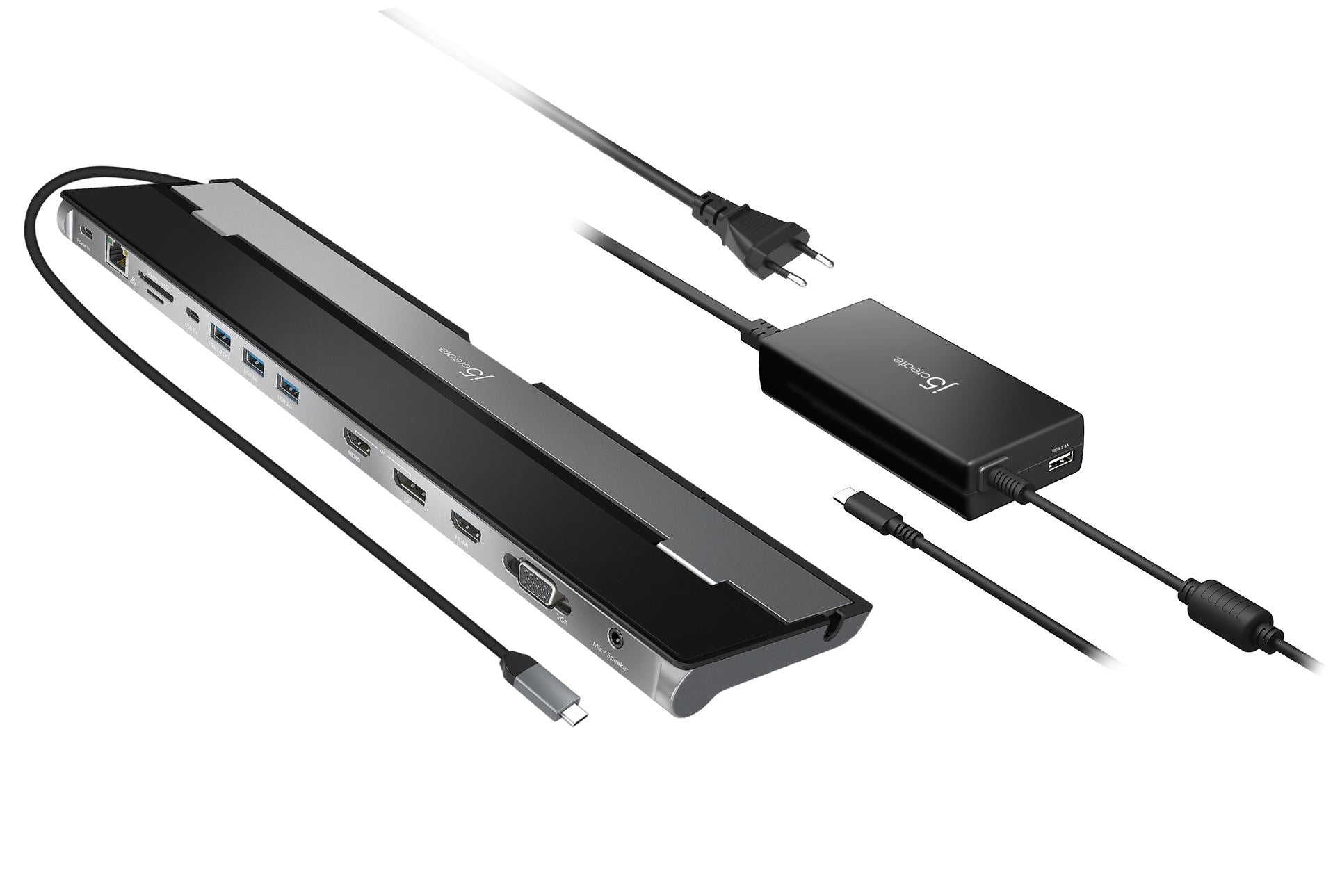 j5create JCD543P Dockingstation – USB-C, DP, 2× HDMI, VGA, 3× USB-A, 2× USB-C, 100 W PD, GbE, für Windows/Mac