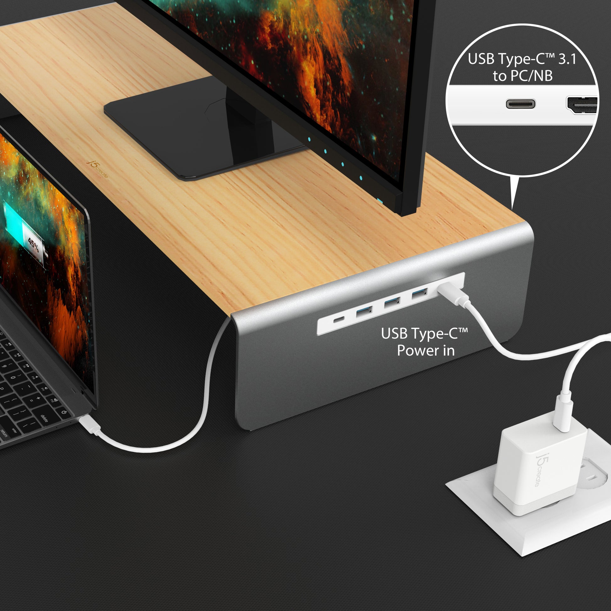 j5create Monitorhalterung, Standfuss, Dockingstation, Holz