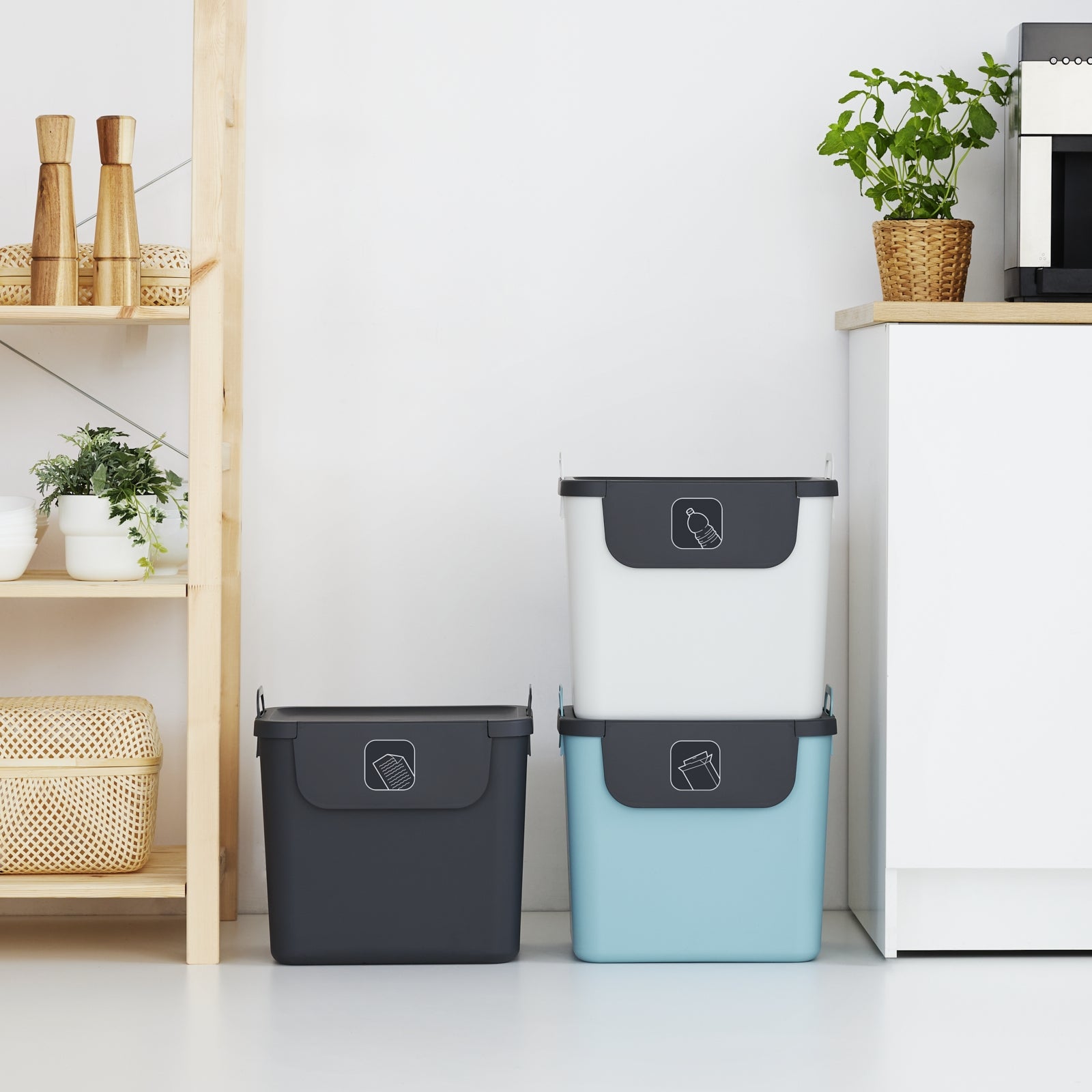 Rotho Recyclingbox – 30 l – Recycling-Kunststoff, rechteckig – Weiss – 3-fach
