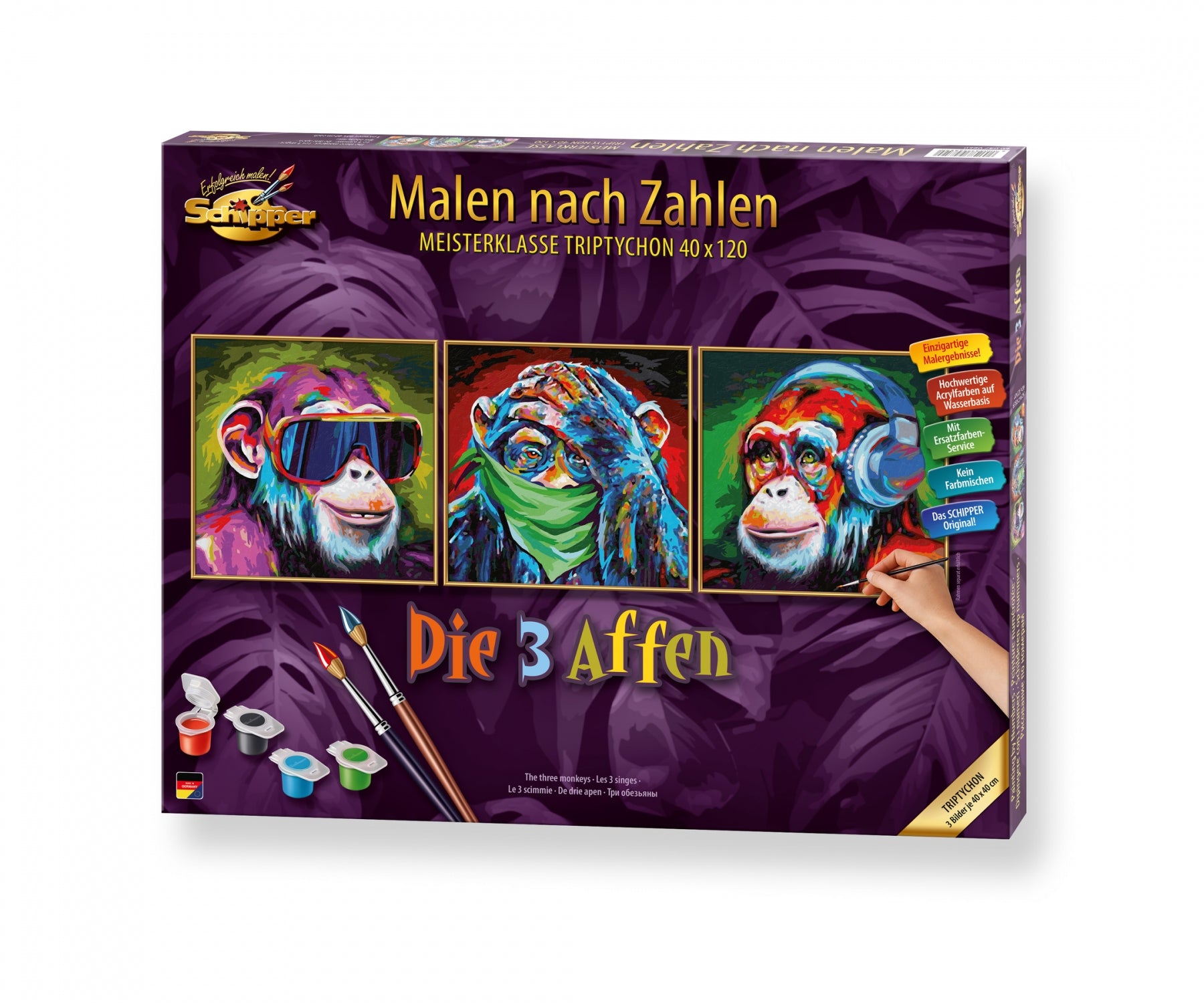 Schipper Malen-nach-Zahlen-Set – Die 3 Affen – 3-teilig, je 40 × 40 cm – ab 14 Jahren