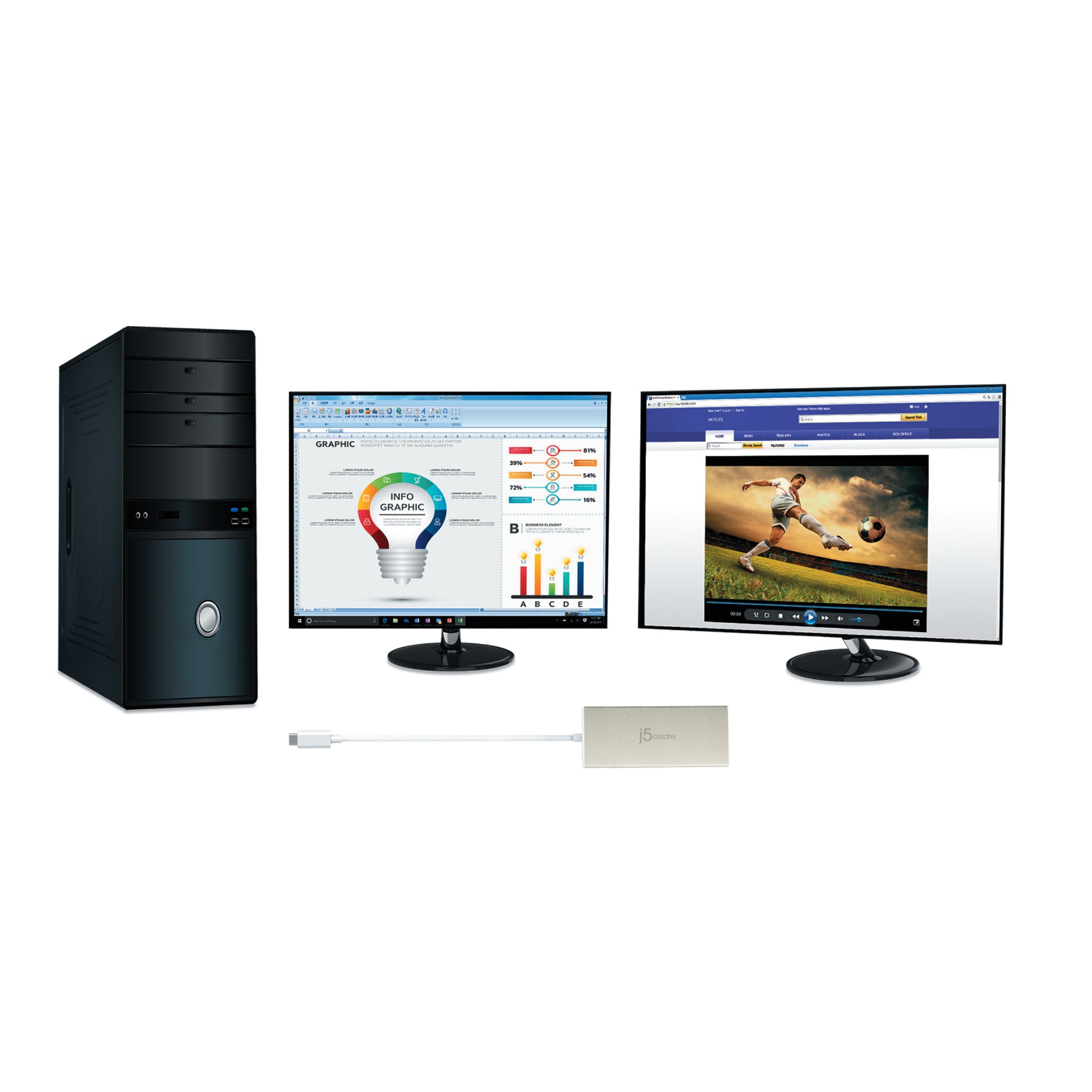 j5create JCD381-N Multiport-Adapter – USB-C, 2× HDMI, 3× USB-A, 60 W PD, GbE, für Windows/Mac