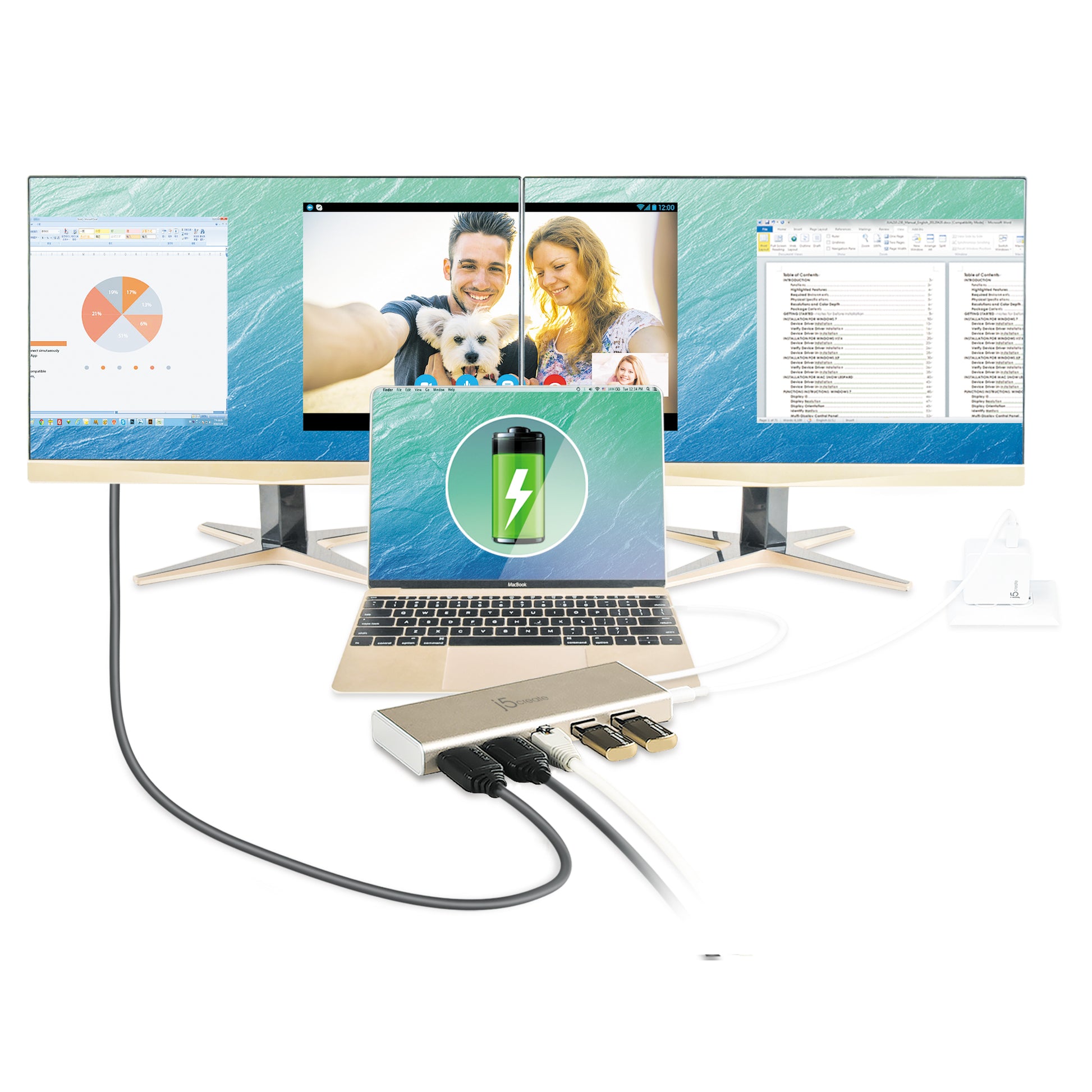j5create JCD381-N Multiport-Adapter – USB-C, 2× HDMI, 3× USB-A, 60 W PD, GbE, für Windows/Mac
