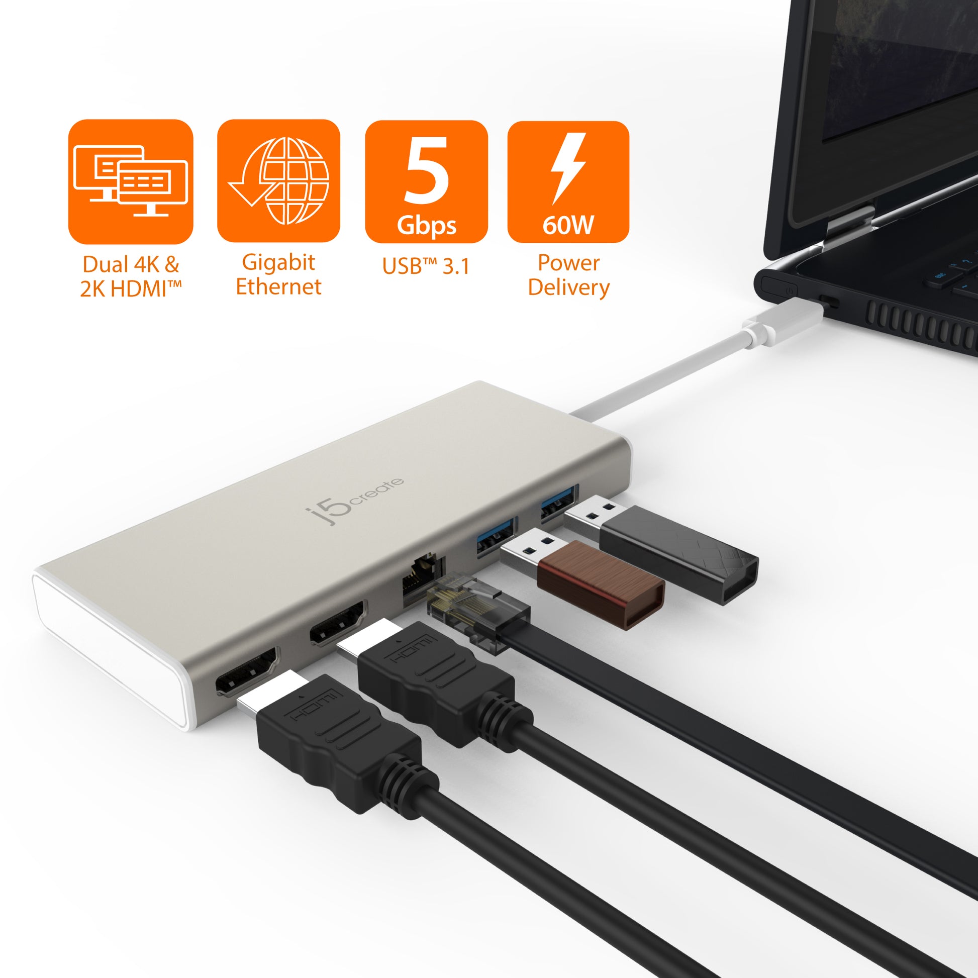 j5create JCD381-N Multiport-Adapter – USB-C, 2× HDMI, 3× USB-A, 60 W PD, GbE, für Windows/Mac