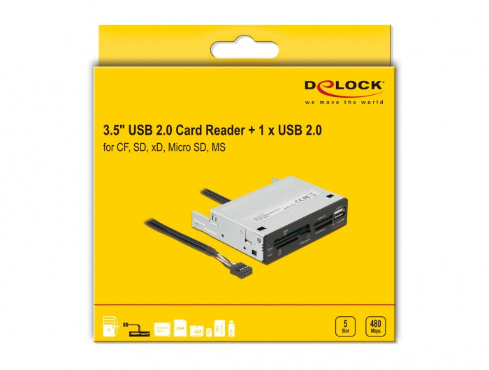 DeLOCK 91708 Kartenleser – 5 Slot, USB 2.0 (480 Mbit/s), 1× USB‑A, für PC mit 3,5" Einbauschacht