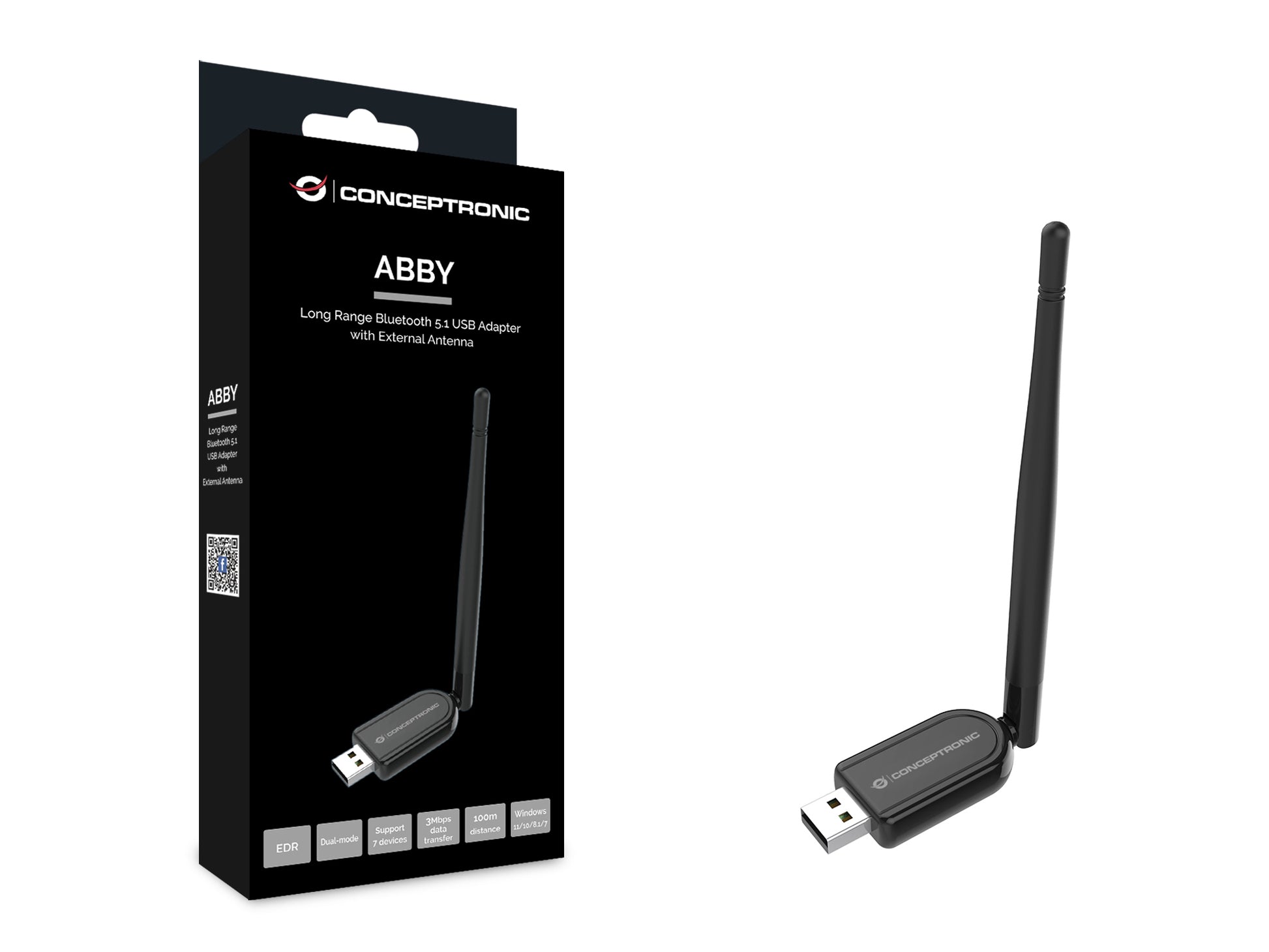 Conceptronic ABBY07B USB-Bluetooth-Adapter – Bluetooth 5.1, externe Antenne, bis 100 m, für Windows-PC