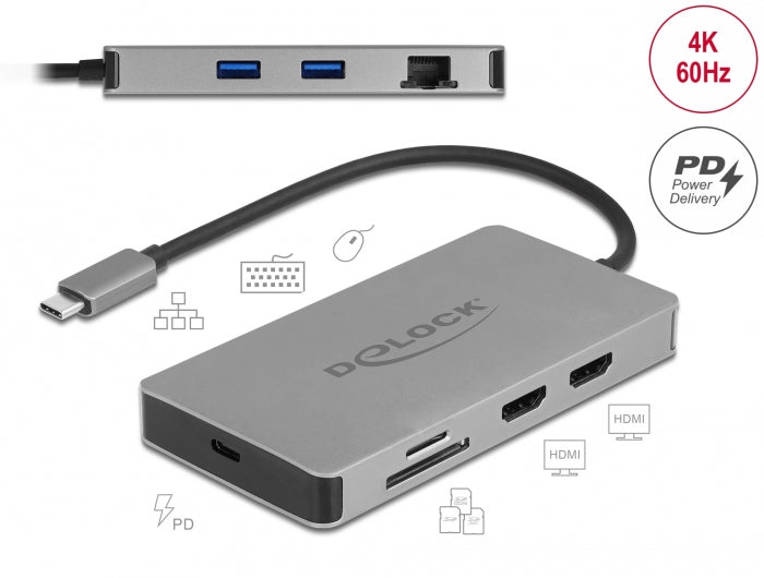 DeLOCK Dockingstation – USB-C, 2× DP, 2× HDMI, 2× USB-A, 85 W PD, GbE, SD/microSD, für Windows/Mac/Linux